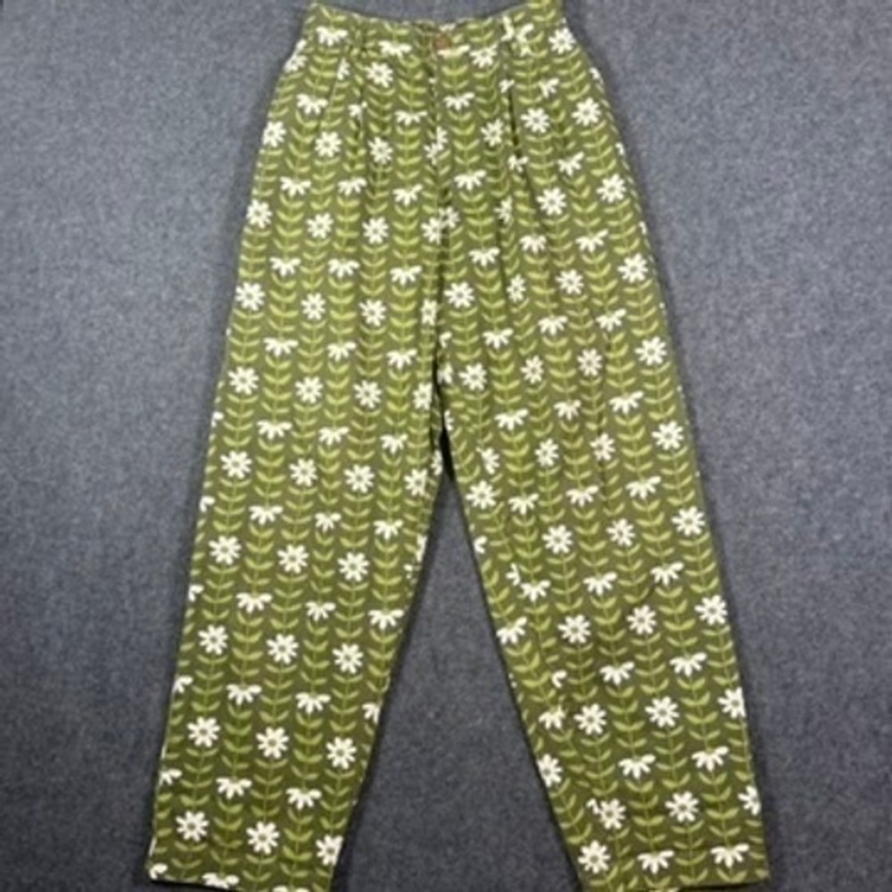 Big Bud Press Trousers XS Green Floral Daisy Print High Waist Pants NWOT